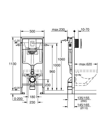 Система инстал. GROHE RAPID для подвесного унитаза (4 в1) квадратная кнопка 1,13 м.(38775001) в Ставрополе